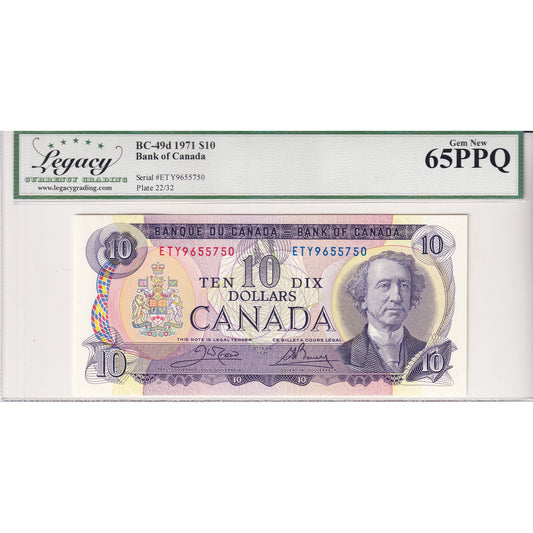 BC-49d 1971 Canada $10 Crow-Bouey, ETY Legacy Certified GUNC-65 PPQ