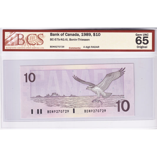 BC-57b-N1-iii 1989 Canada $10 B-T, 4 Digit RADAR BDN9270729 BCS Cert. GUNC-65 Original
