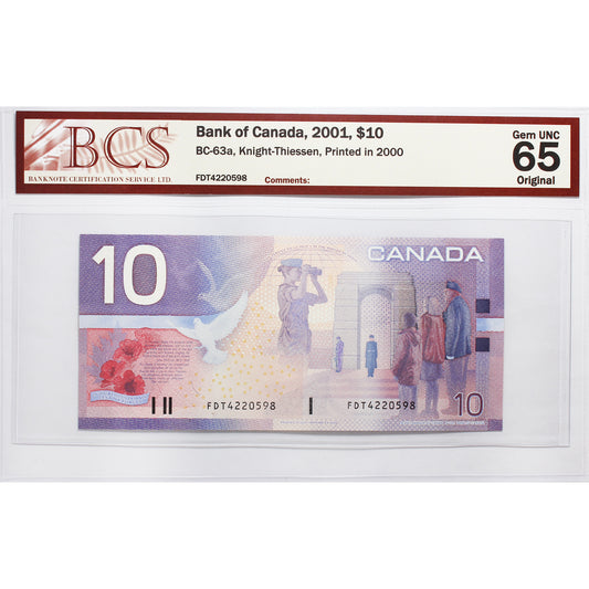 BC-63a 2001 Canada $10 Knight-Thiessen, Printed in 2000, FDT BCS Cert. GUNC-65 Original