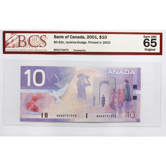 BC-63c 2001 Canada $10 Jenkins-Dodge, Printed in 2003, BEN BCS Certified GUNC-65 Original