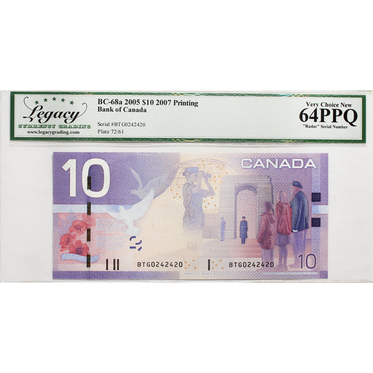 BC-68a 2005 Canada $10 J-D, 2007, 4 Digit RADAR BTG0242420 BTG Legacy Certified CUNC64