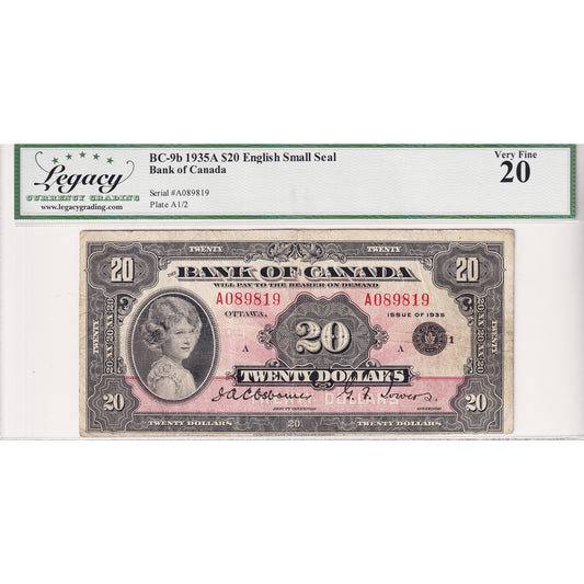 BC-9b 1935 Canada $20 Osborne-Towers, English, Small Seal, Check A, Legacy Cert. VF20