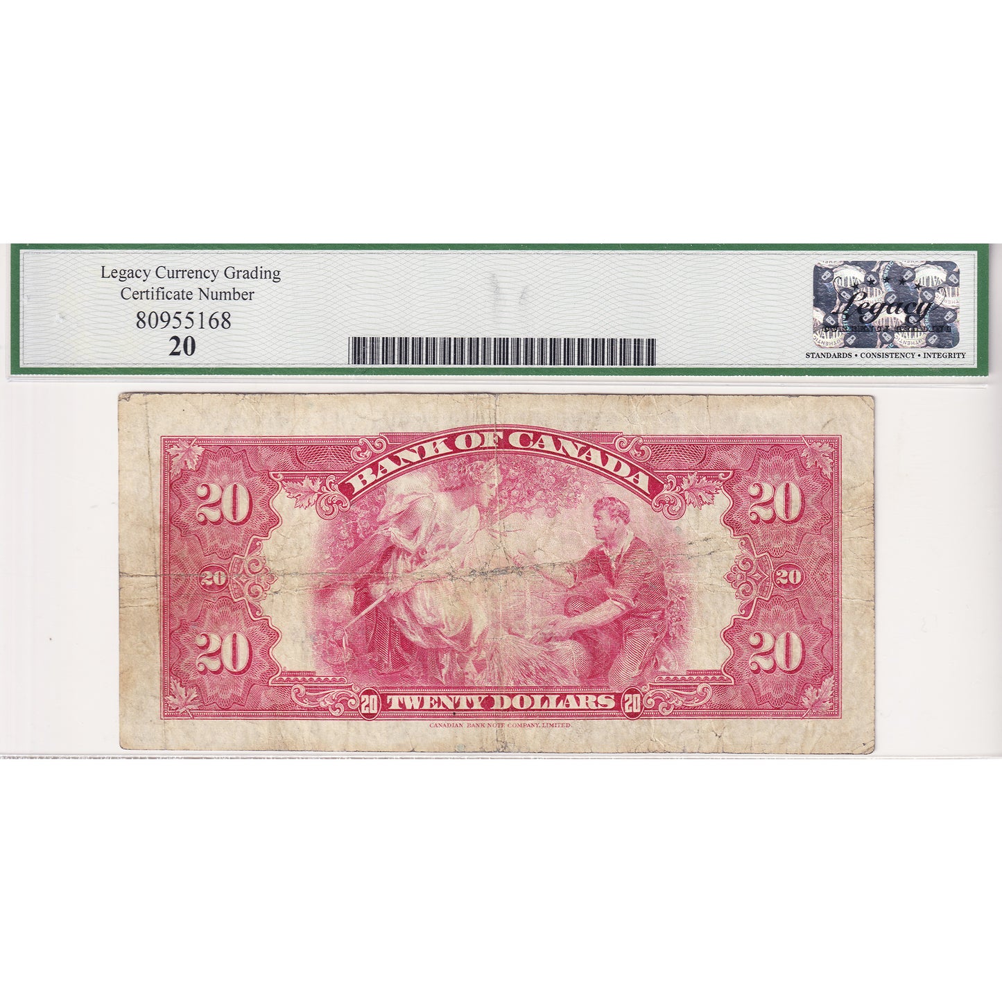 BC-9b 1935 Canada $20 Osborne-Towers, English, Small Seal, Check A, Legacy Cert. VF20