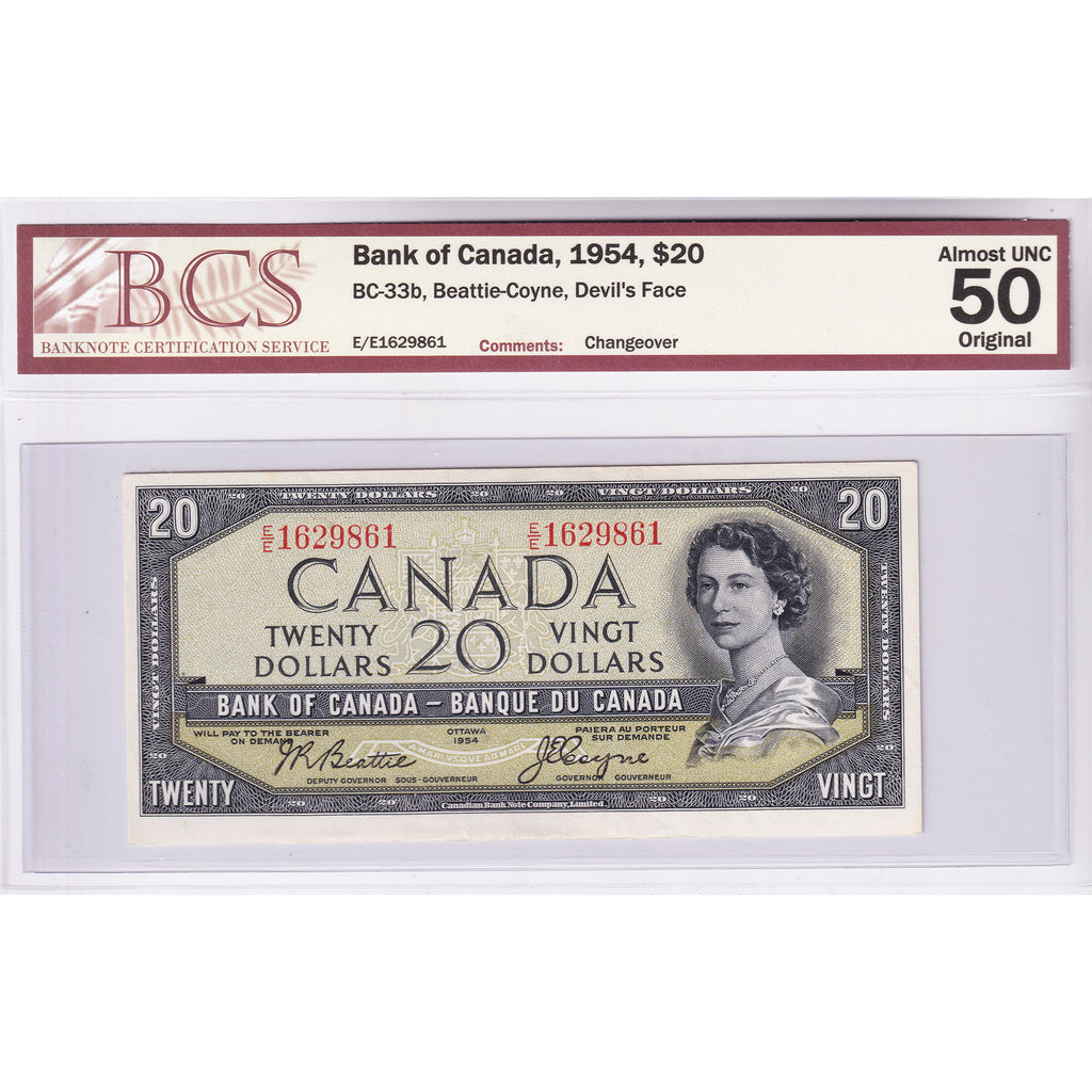 BC-33b 1954 Canada $20 B-C, Devil's Face, Changeover, E/E BCS Certified AU50 Original