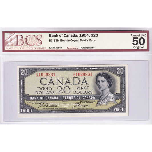 BC-33b 1954 Canada $20 B-C, Devil's Face, Changeover, E/E BCS Certified AU50 Original