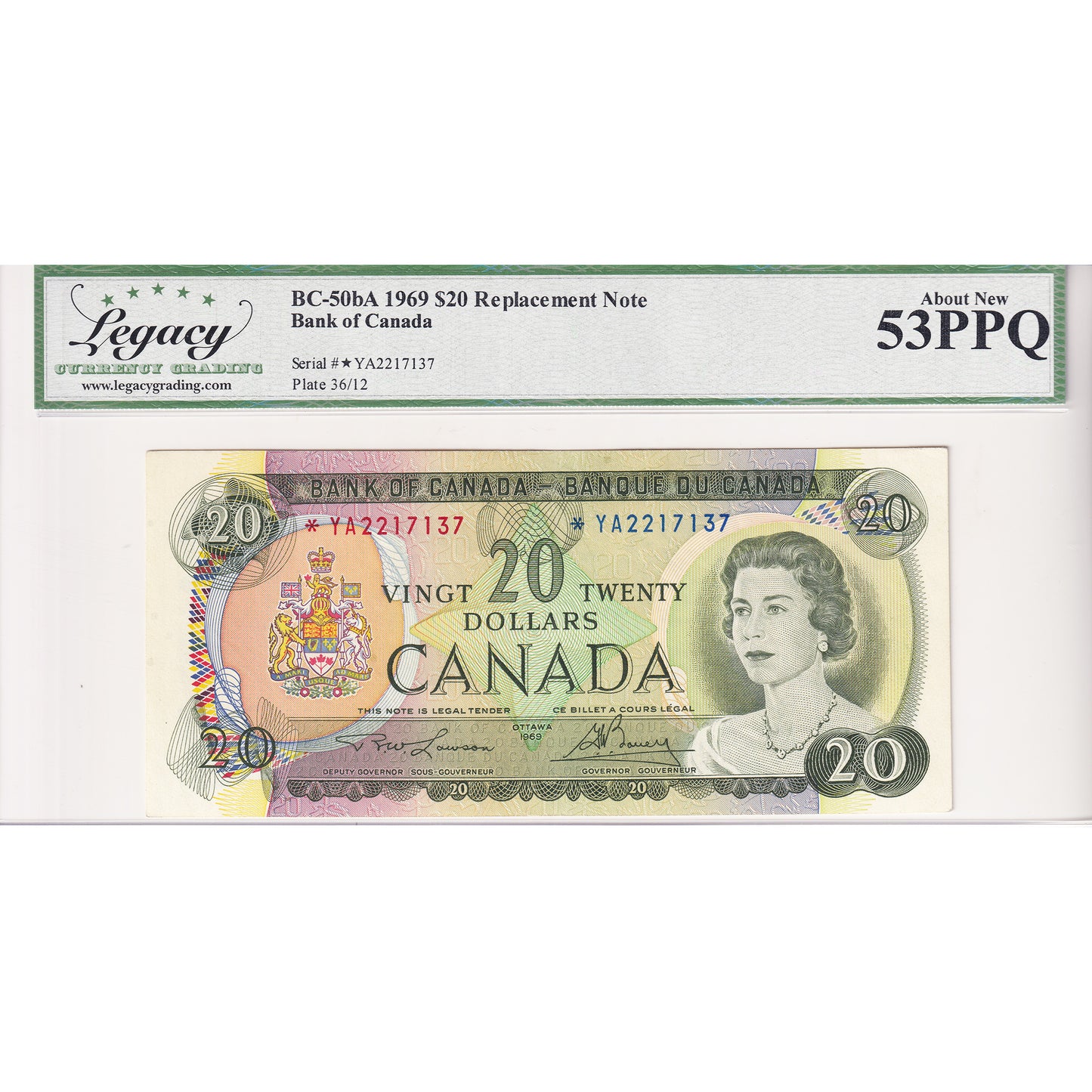 BC-50bA 1969 Canada $20 Lawson-Bouey, Replacement, *YA Legacy Certified AU-53 PPQ