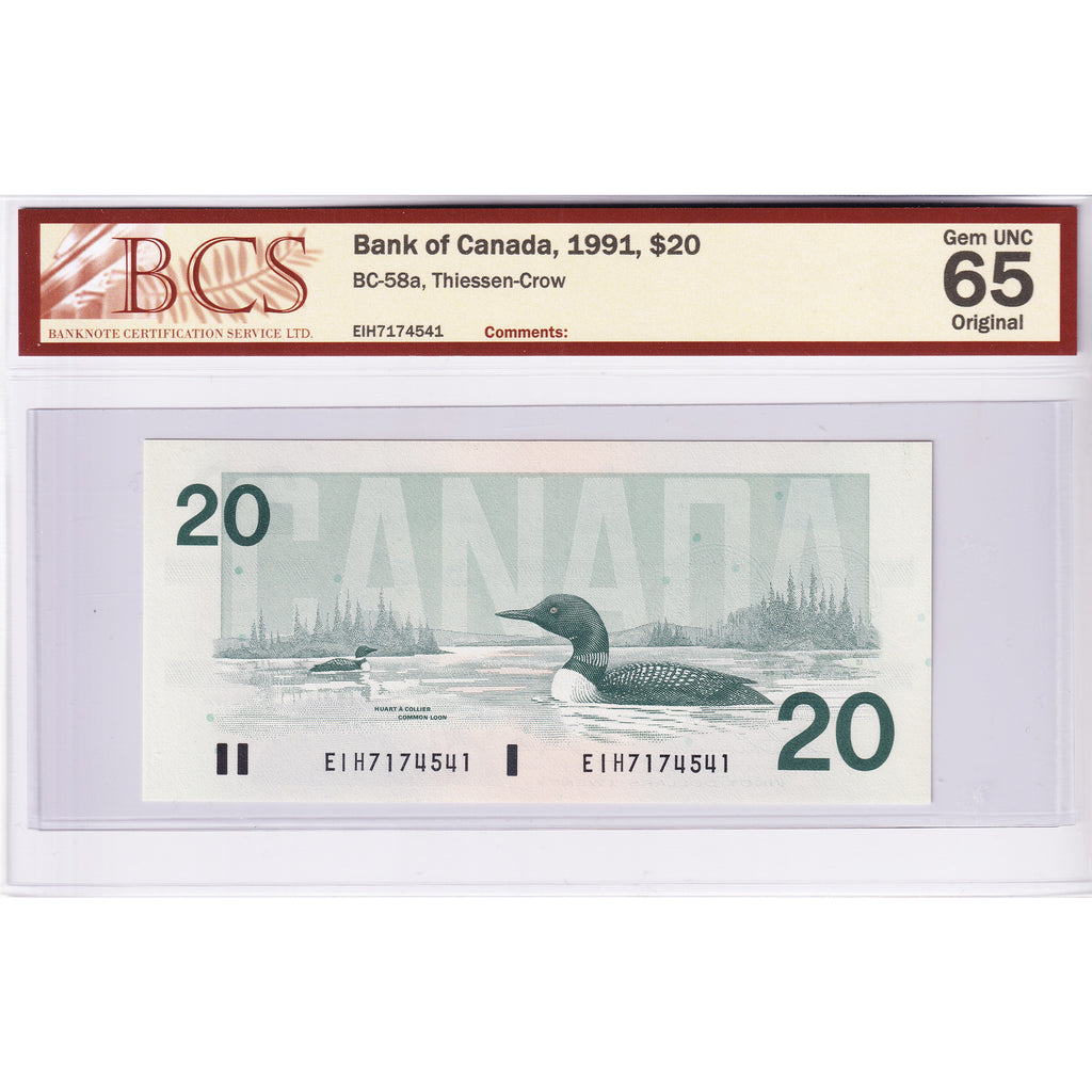 BC-58a 1991 Canada $20 Thiessen-Crow, EIH BCS Certified GUNC65 Original