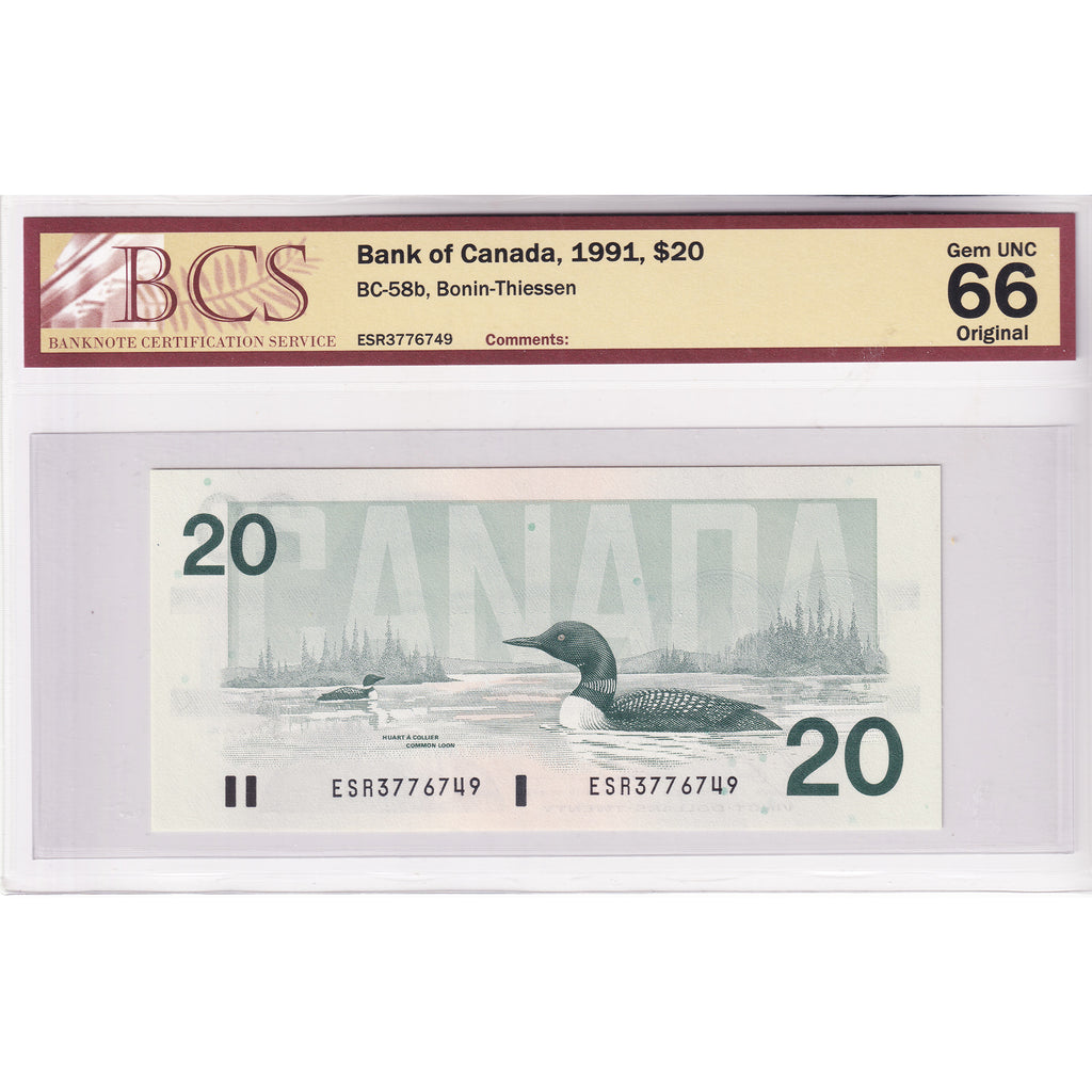 BC-58b 1991 Canada $20 Bonin-Thiessen, ESR, BCS Certified GUNC66 Original