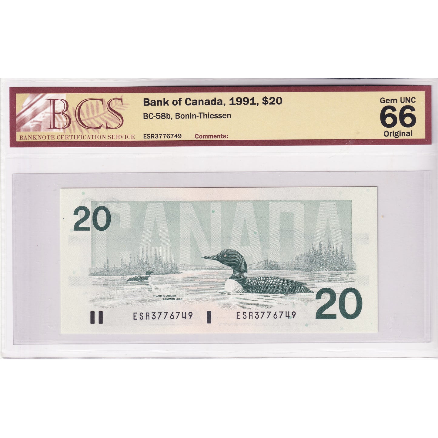 BC-58b 1991 Canada $20 Bonin-Thiessen, ESR, BCS Certified GUNC66 Original
