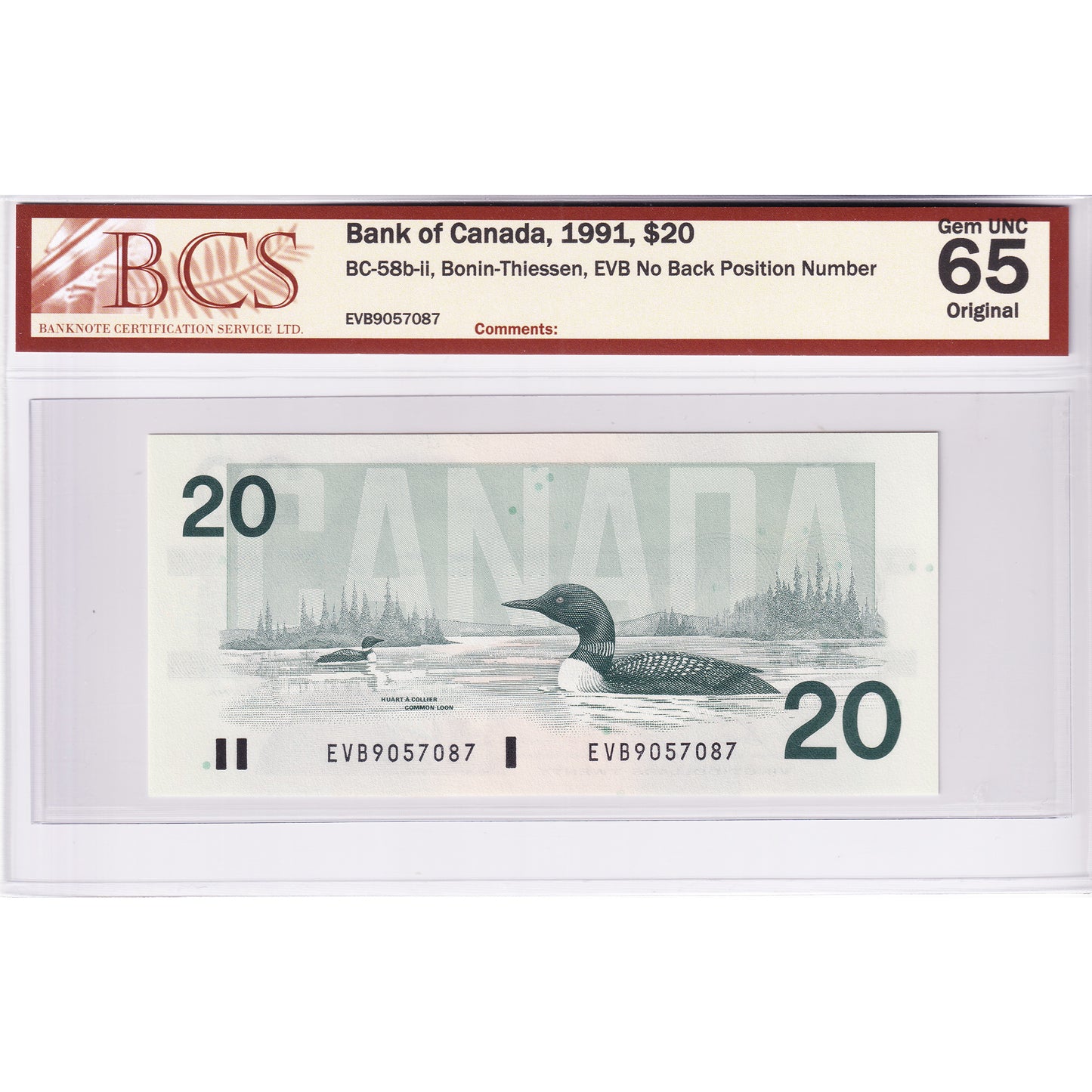 BC-58b-ii 1991 Canada $20 Bonin-Thiessen, EVB No BPN BCS Certified GUNC65 Original