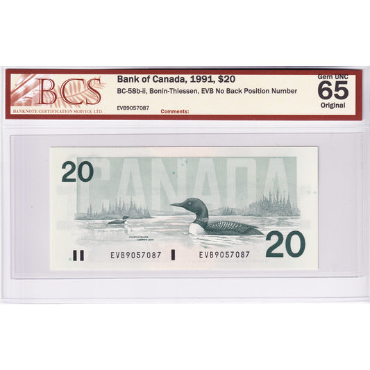 BC-58b-ii 1991 Canada $20 Bonin-Thiessen, EVB No BPN BCS Certified GUNC65 Original