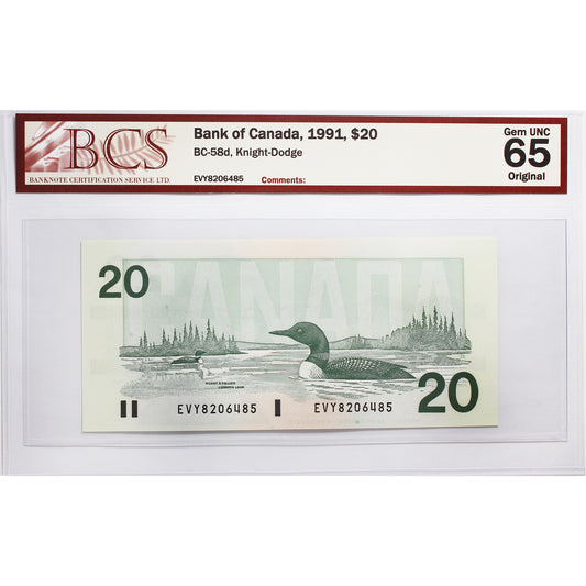 BC-58d 1991 Canada $20 Knight-Dodge, EVY BCS Certified GUNC65 Original