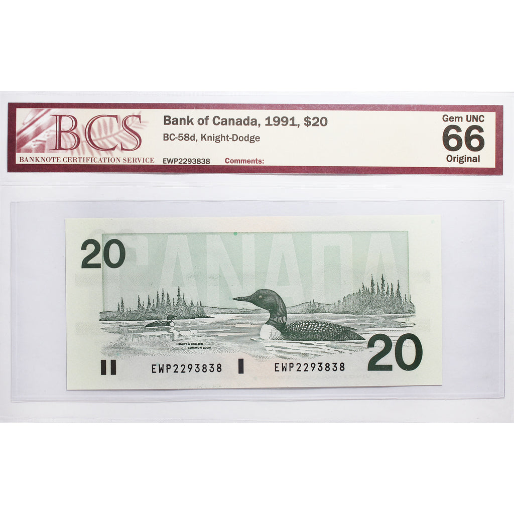 BC-58d 1991 Canada $20 Knight-Dodge, EWP BCS Certified GUNC66 Original