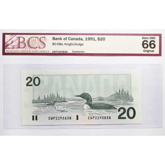 BC-58d 1991 Canada $20 Knight-Dodge, EWP BCS Certified GUNC66 Original