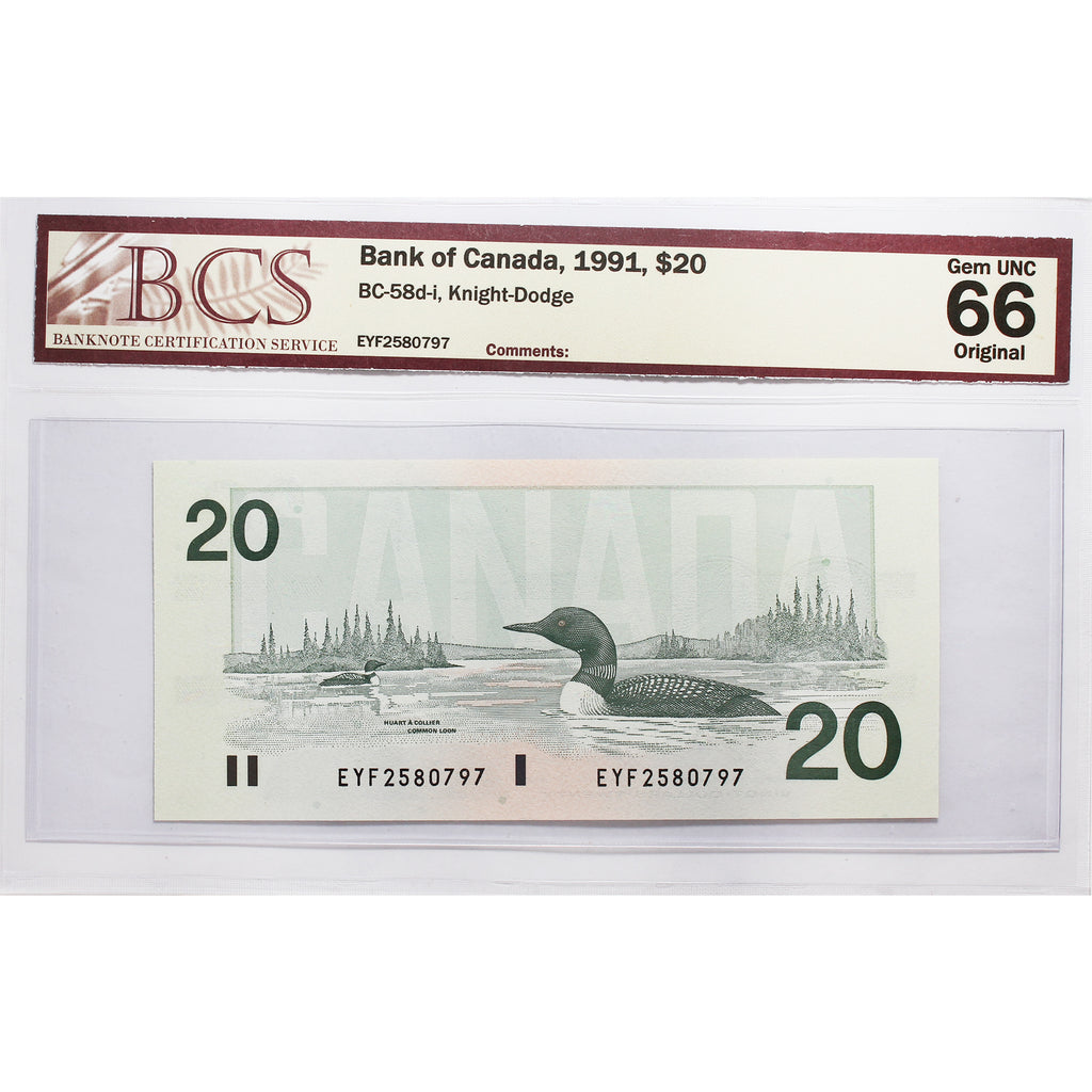 BC-58d-i 1991 Canada $20 Knight-Dodge, EYF BCS Certified GUNC66 Original