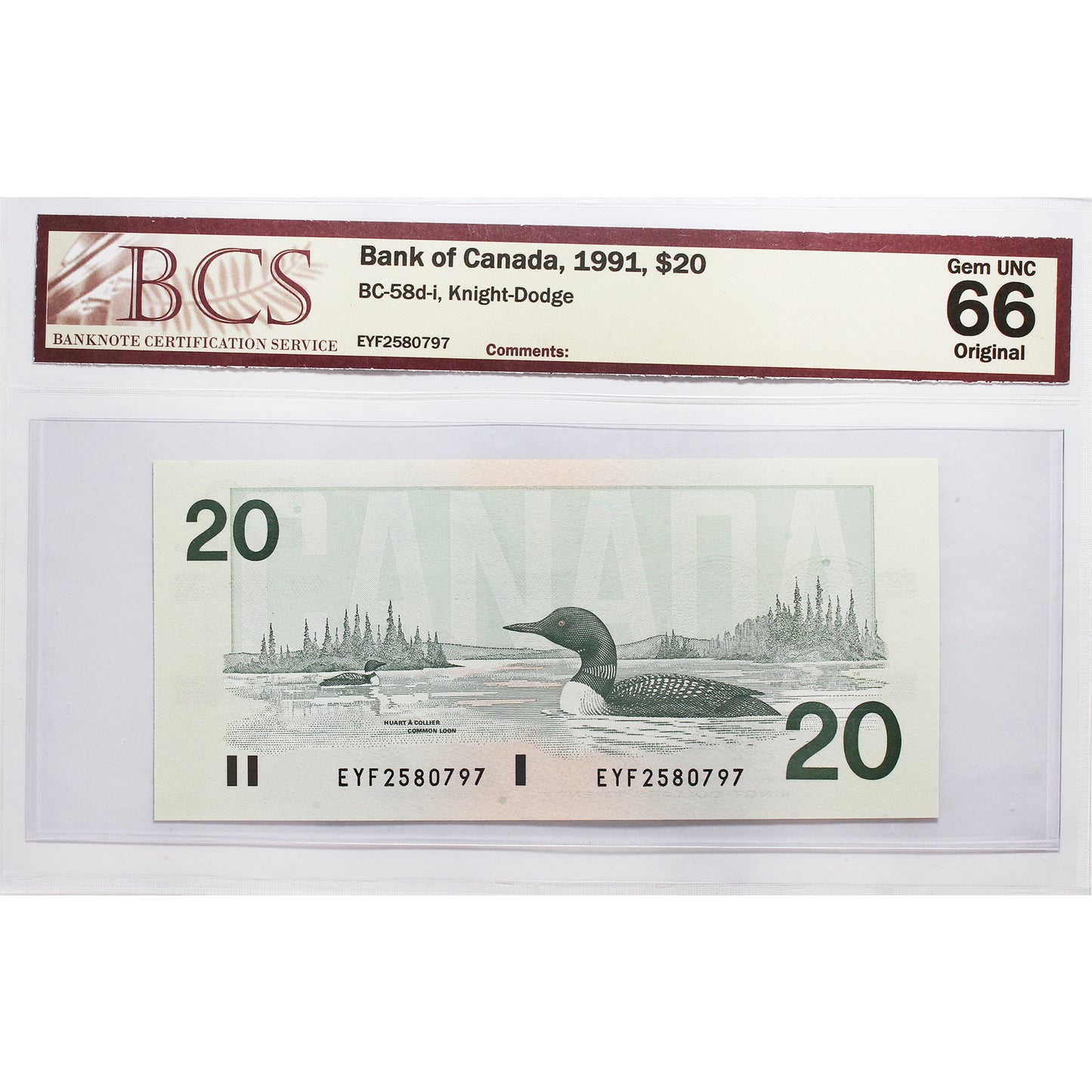 BC-58d-i 1991 Canada $20 Knight-Dodge, EYF BCS Certified GUNC66 Original