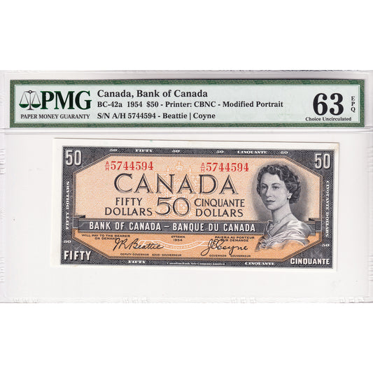 BC-42a 1954 Canada $50 Beattie-Coyne, Modified Portrait, A/H PMG Certified CUNC63 EPQ