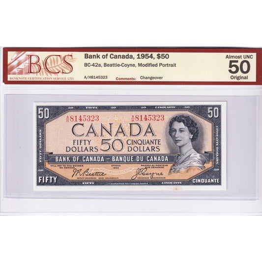 BC-42a 1954 Canada $50 Beattie-Coyne, Modified, Changeover, A/H BCS Certified AU50 Orig.