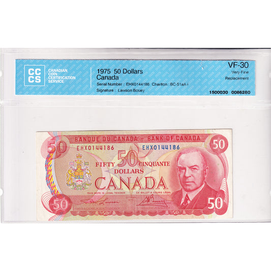 BC-51aA-i 1975 Canada $50 Lawson-Bouey, Replacement, EHZ CCCS Certified VF30