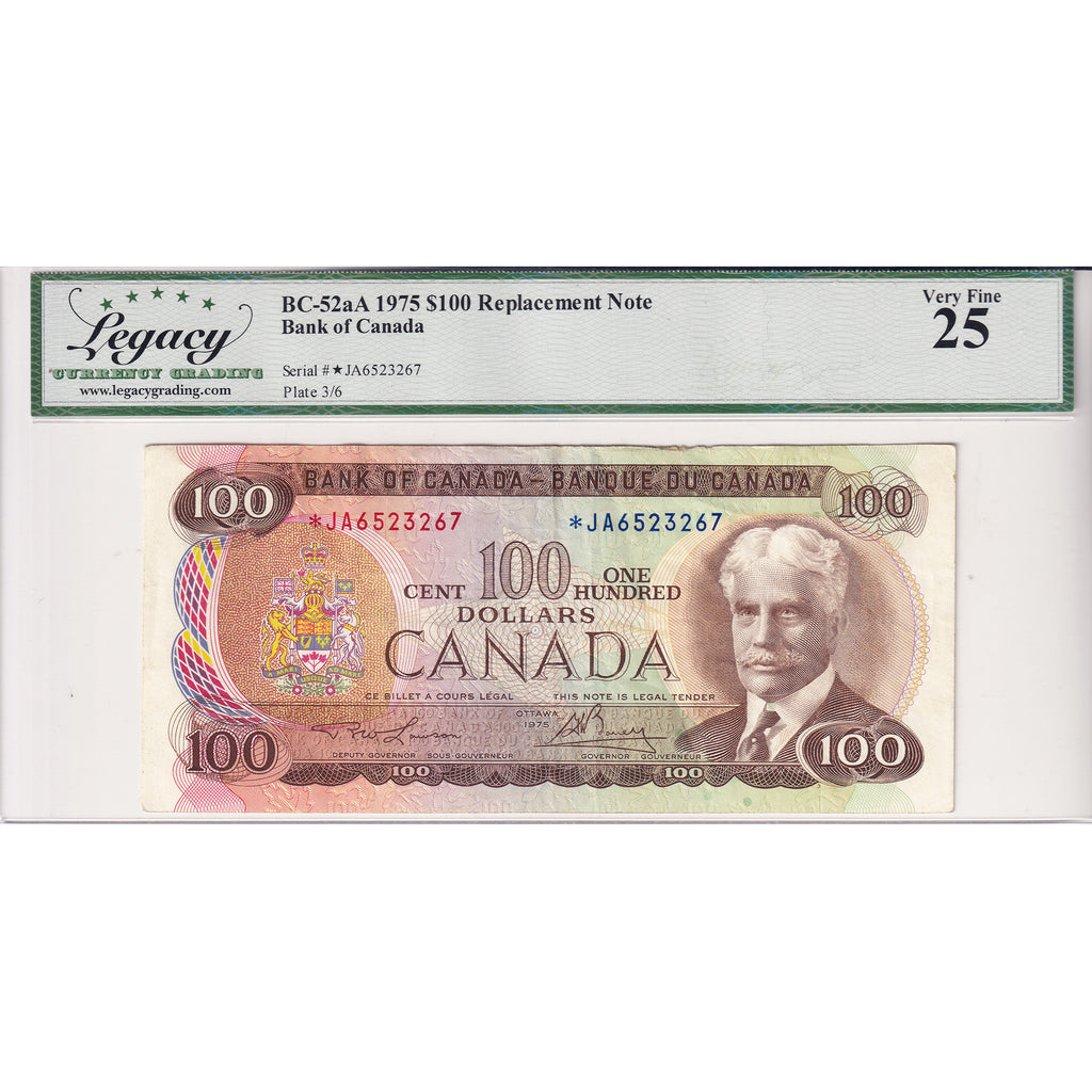 BC-52aA 1975 Canada $100 Lawson-Bouey, Replacement, *JA Legacy Certified VF25
