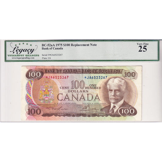 BC-52aA 1975 Canada $100 Lawson-Bouey, Replacement, *JA Legacy Certified VF-25