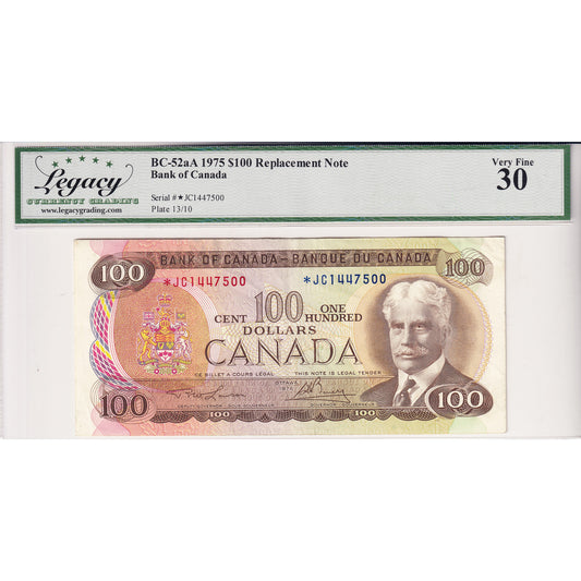 BC-52aA 1975 Canada $100 Lawson-Bouey, Replacement, *JC Legacy Certified VF-30