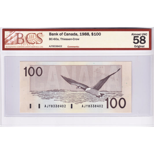 BC-60a 1988 Canada $100 Thiessen-Crow, AJY BCS Certified AU-58 Original