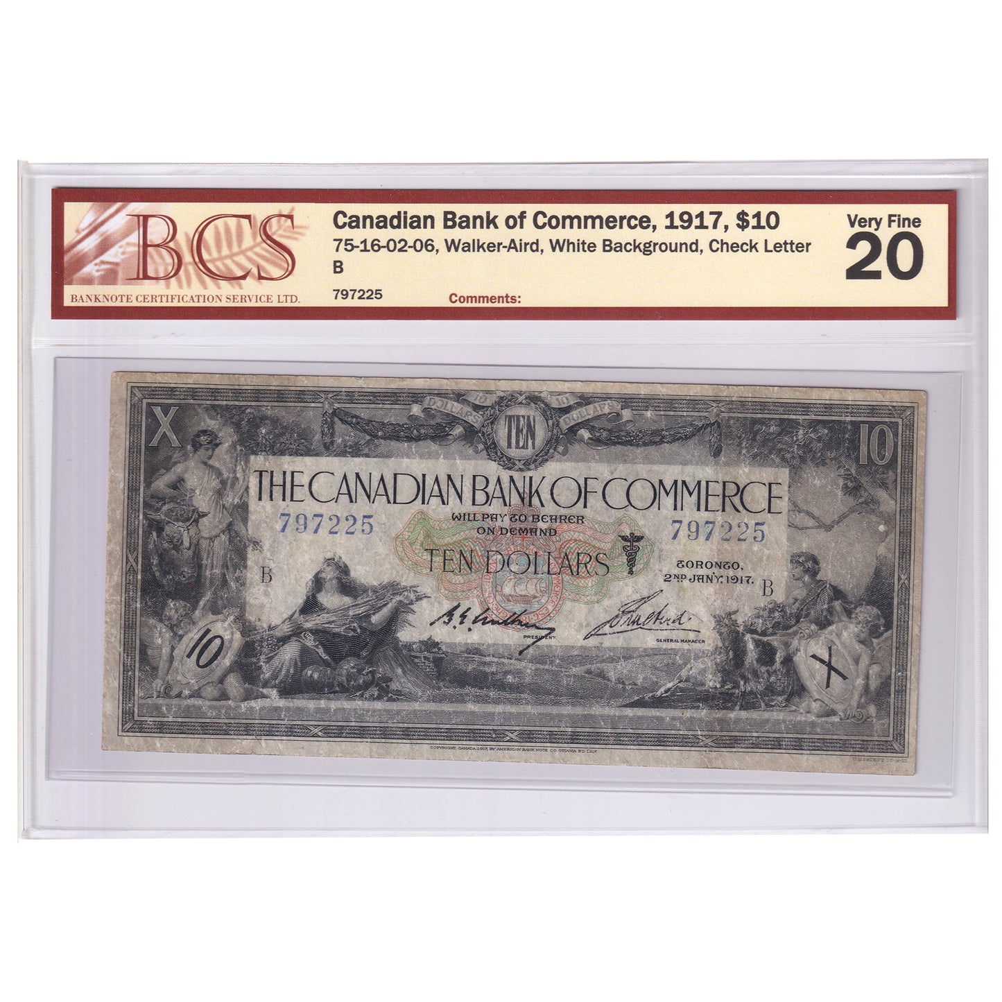 75-16-02-06 1917 Canadian Bank of Commerce $10 W-A, White Background, B, BCS Cert VF-20