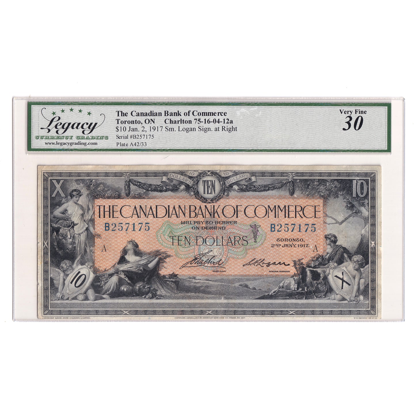 75-16-04-12a 1917 Canadian Bank of Commerce $10 Aird-Logan, Small Sig, Legacy Cert VF30