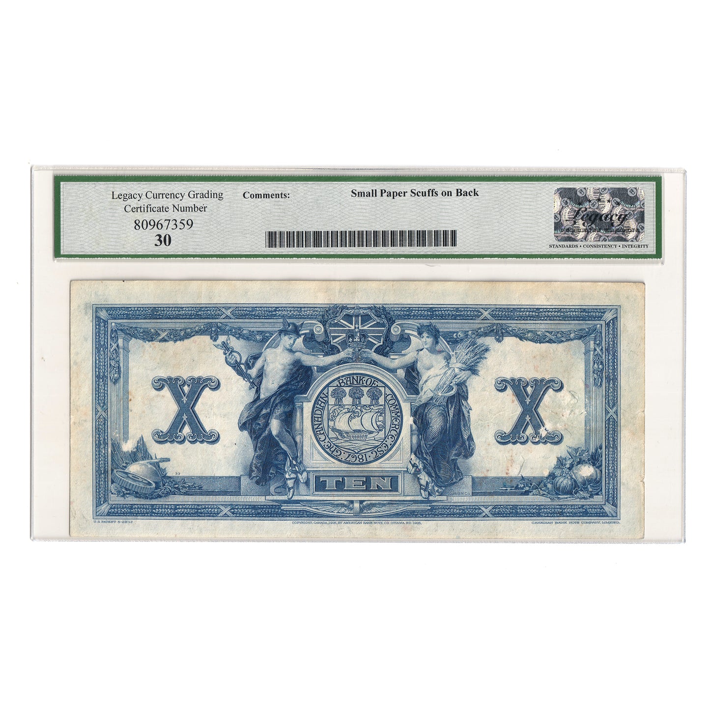 75-16-04-12a 1917 Canadian Bank of Commerce $10 Aird-Logan, Small Sig, Legacy Cert VF30
