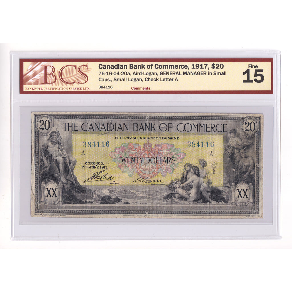 75-16-04-20a 1917 CBoC $20 A-L, General Manager Small Caps, Small Logan, A, BCS Cert F15
