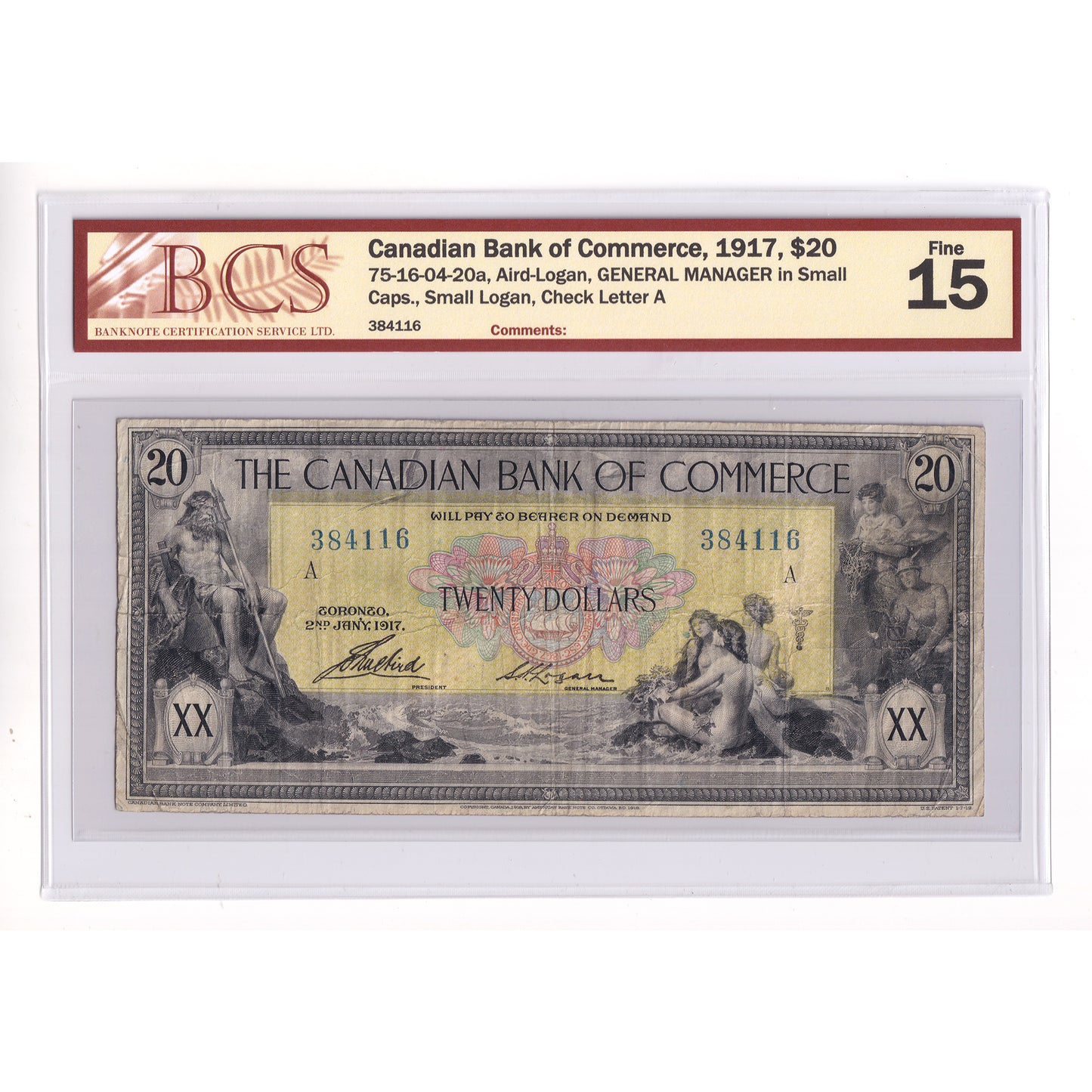 75-16-04-20a 1917 CBoC $20 A-L, General Manager Small Caps, Small Logan, A, BCS Cert F15