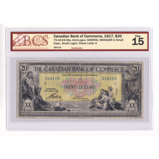 75-16-04-20a 1917 CBoC $20 A-L, General Manager Small Caps, Small Logan, A, BCS Cert F15