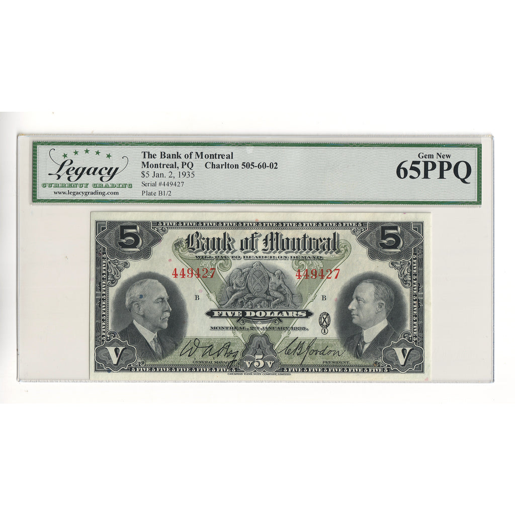 505-60-02 1935 Bank of Montreal $5 Bog-Gordon, Legacy Certified GUNC-65 PPQ