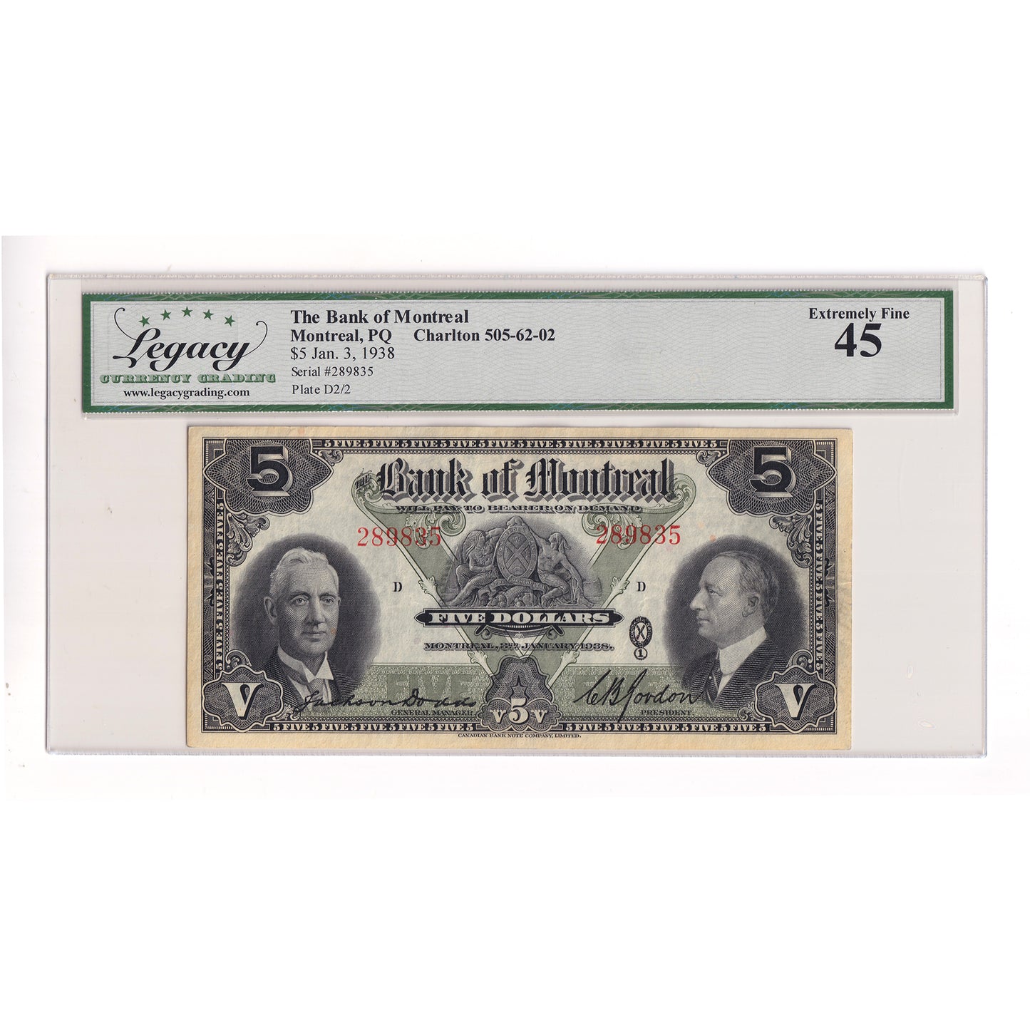 505-62-02 1938 Bank of Montreal $5 Dodds-Gordon, Legacy Certified EF45