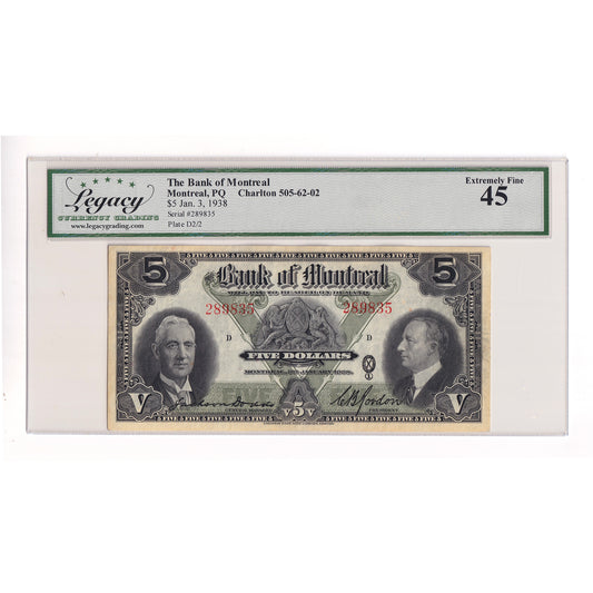 505-62-02 1938 Bank of Montreal $5 Dodds-Gordon, Legacy Certified EF45