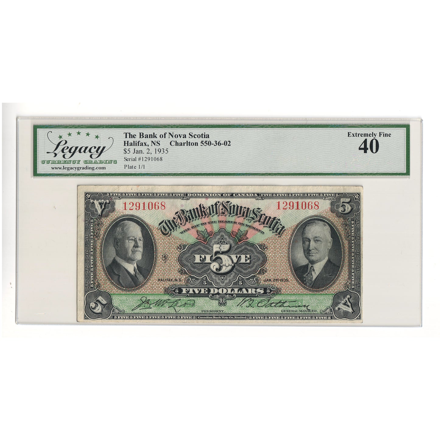 550-36-02 1935 Bank of Nova Scotia $5 McLeod-Patterson, Legacy Certified EF40