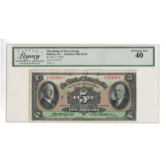 550-36-02 1935 Bank of Nova Scotia $5 McLeod-Patterson, Legacy Certified EF40