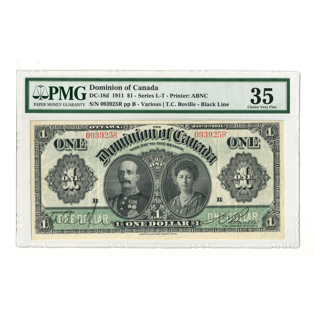 DC-18d 1911 Dominion $1 Various-Boville, Black Line, PMG Certified VF35 Good Colour