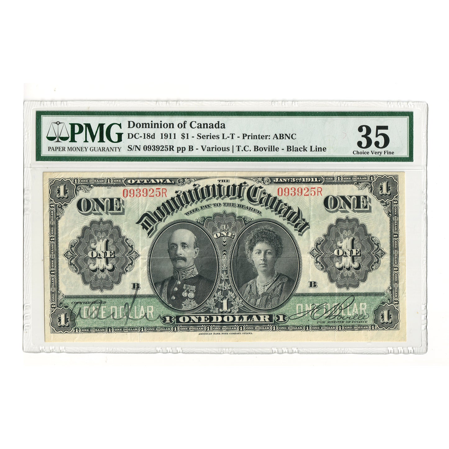 DC-18d 1911 Dominion $1 Various-Boville, Black Line, PMG Certified VF35 Good Colour