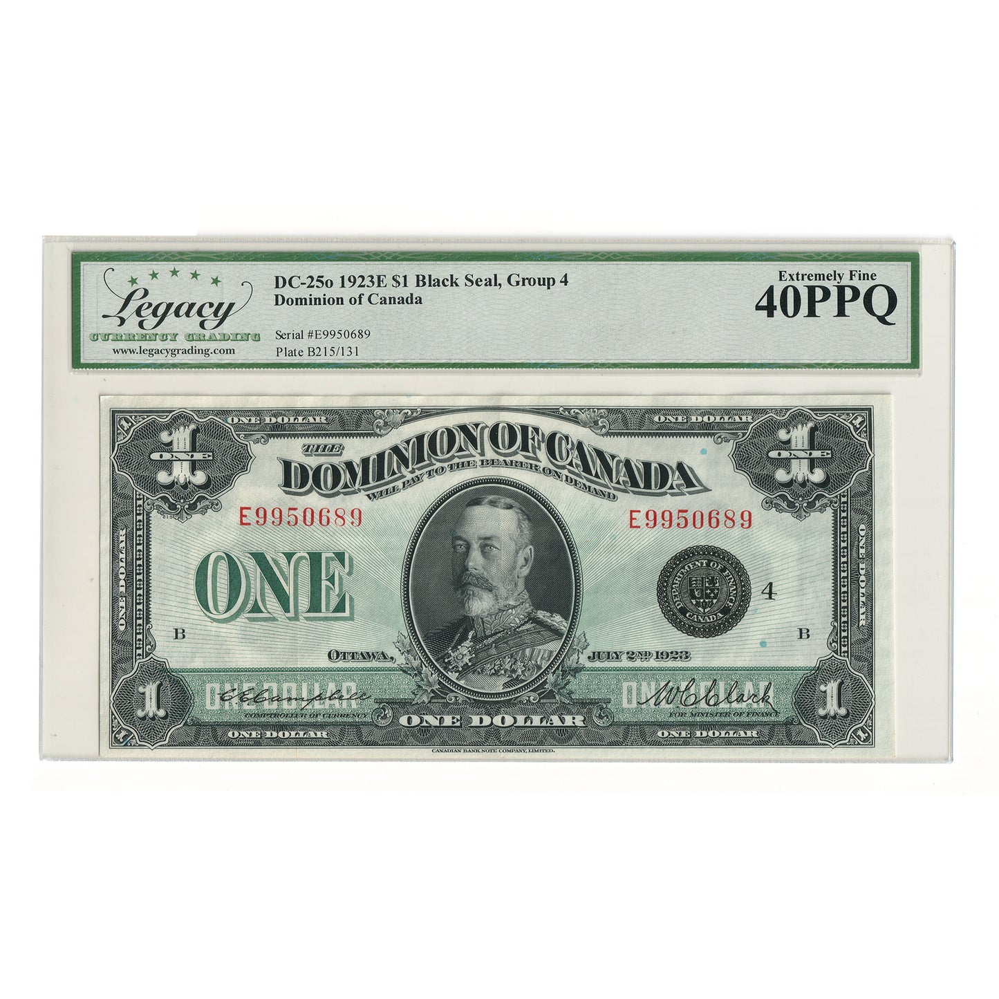 DC-25o 1923 Dominion $1 C-C, Black Seal, Group 4, Series E, Check B, Legacy Cert EF40 PPQ