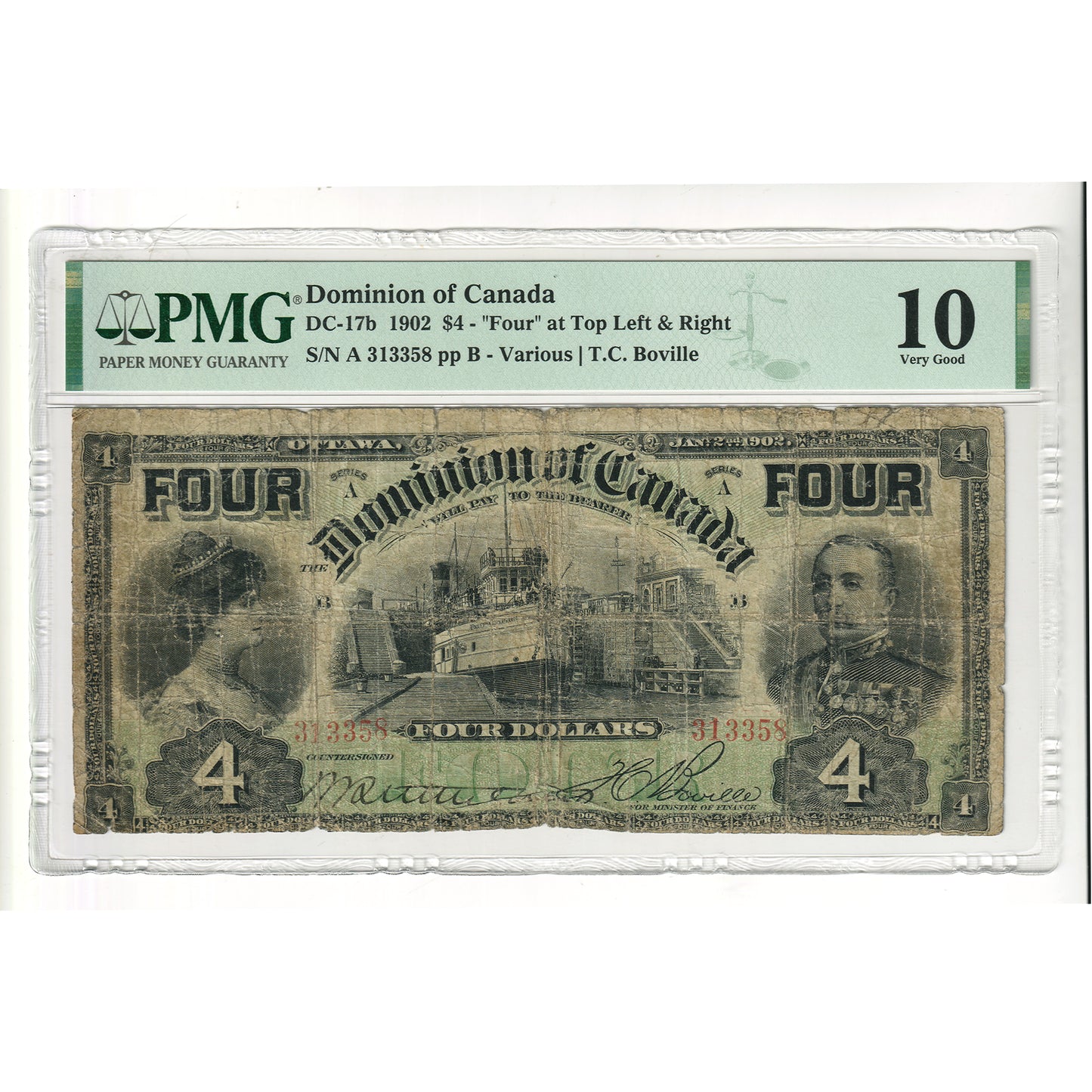 DC-17b 1902 Dominion $4 Various-Boville, FOUR at Top, Series A, Check B, PMG Cert VG10