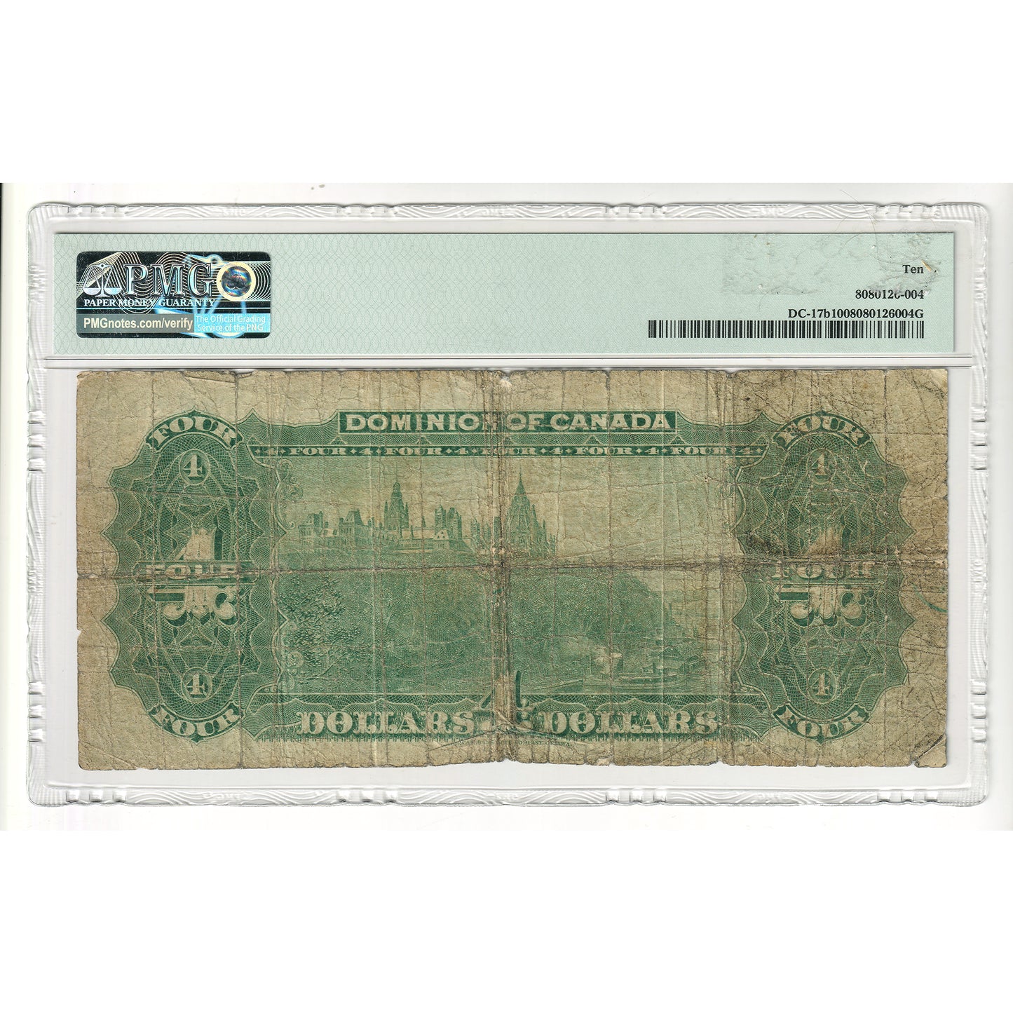 DC-17b 1902 Dominion $4 Various-Boville, FOUR at Top, Series A, Check B, PMG Cert VG10