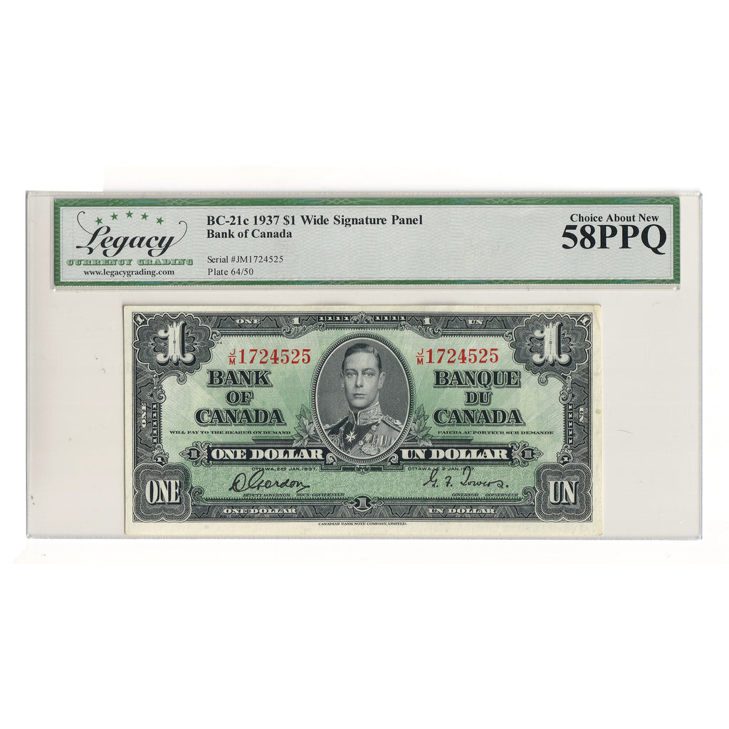 BC-21c 1937 Canada $1 Gordon-Towers, Wide Signature Panel, J/M Legacy Certified AU58 PPQ