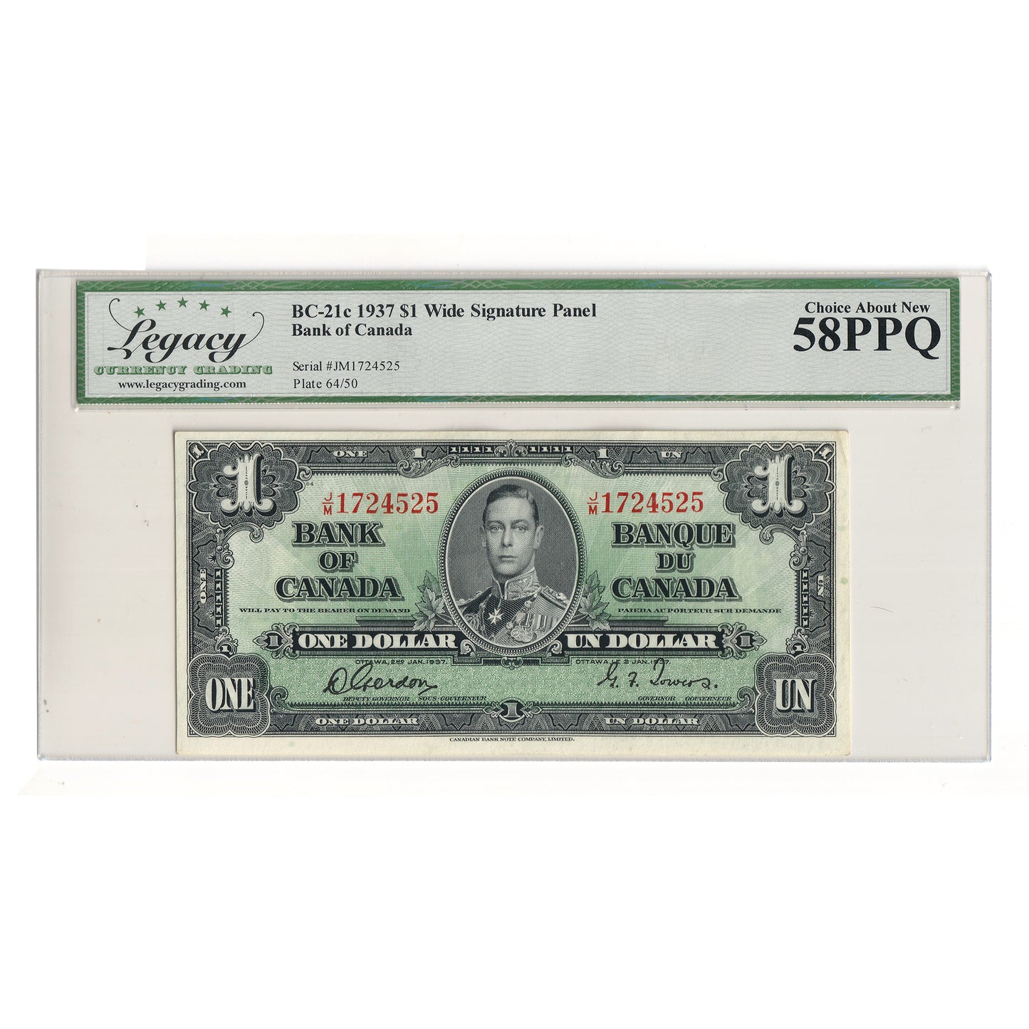 BC-21c 1937 Canada $1 Gordon-Towers, Wide Signature Panel, J/M Legacy Certified AU58 PPQ