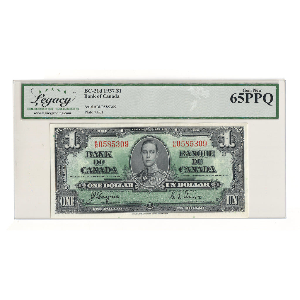 BC-21d 1937 Canada $1 Coyne-Towers, B/N Legacy Certified GUNC65 PPQ