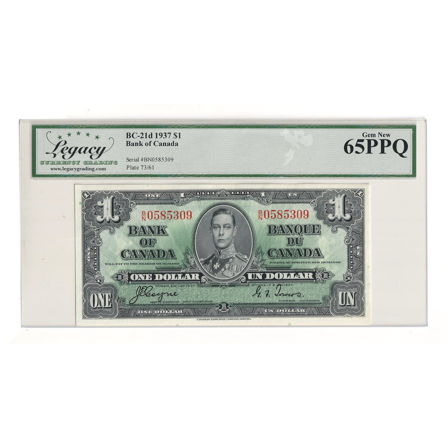 BC-21d 1937 Canada $1 Coyne-Towers, B/N Legacy Certified GUNC65 PPQ
