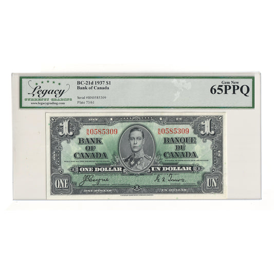 BC-21d 1937 Canada $1 Coyne-Towers, B/N Legacy Certified GUNC65 PPQ