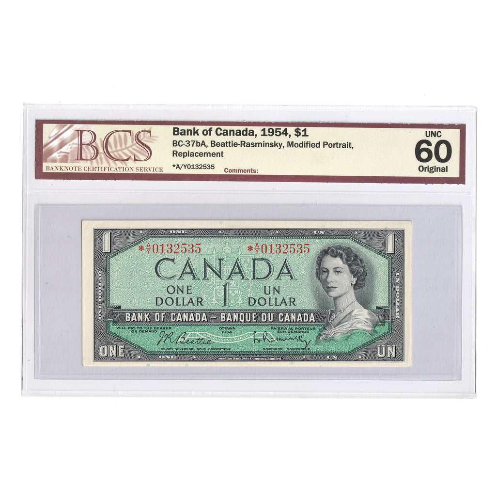BC-37bA 1954 Canada $1 B-R, Modified, Replacement, *A/Y BCS Certified UNC60 Original