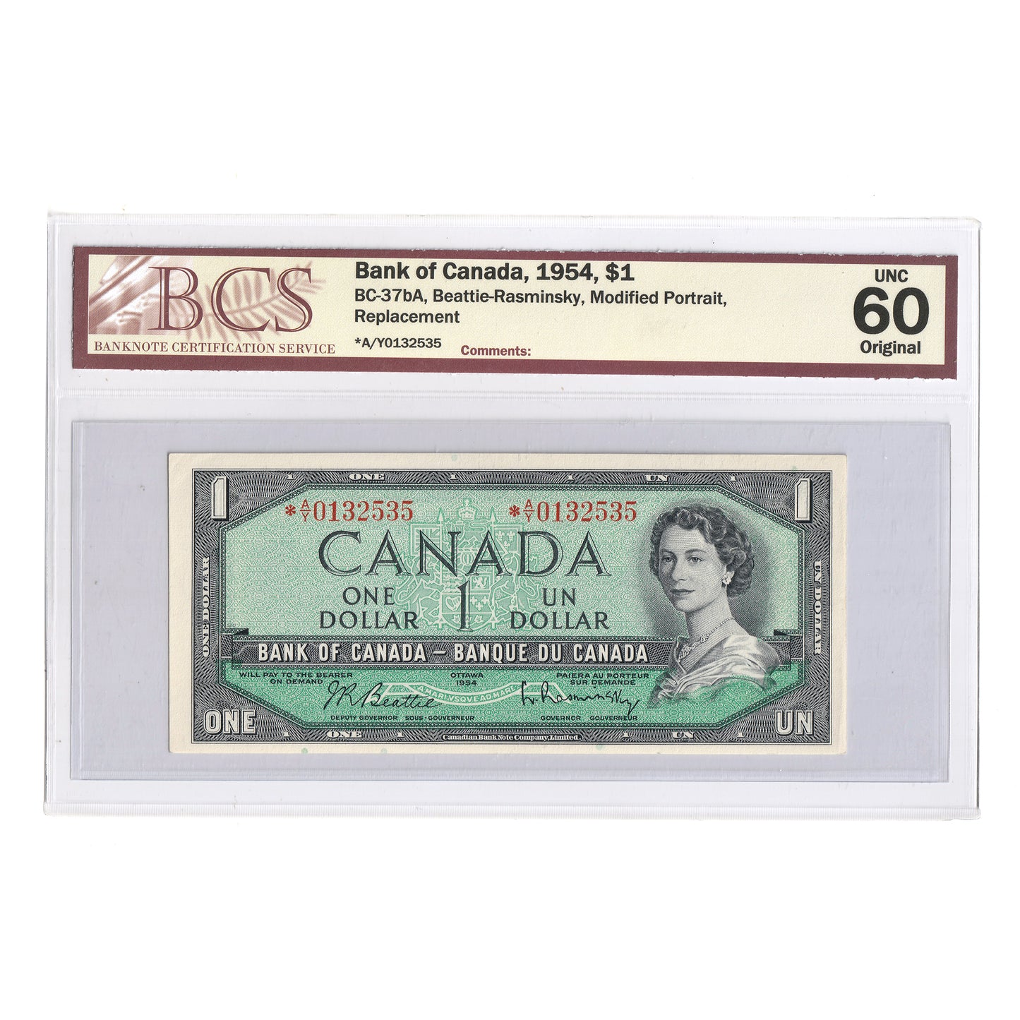 BC-37bA 1954 Canada $1 B-R, Modified, Replacement, *A/Y BCS Certified UNC60 Original